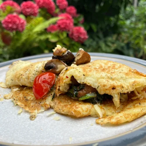 gluten free pancake with mushroom and tomato