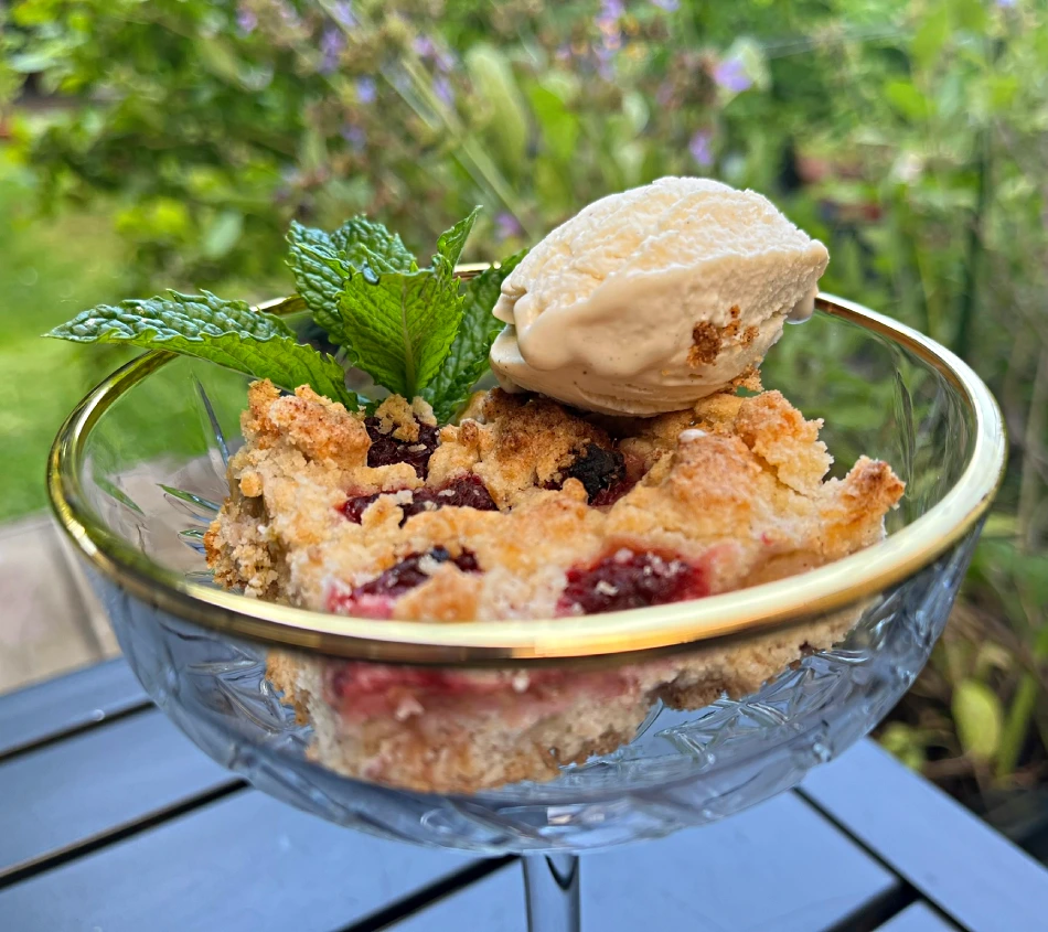 gluten free rhubarb and raspberry crumble bars in glass close