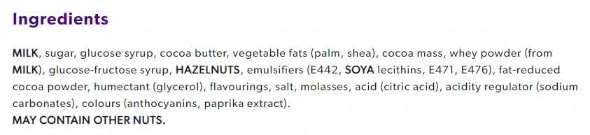 cadbury roses ingredient list