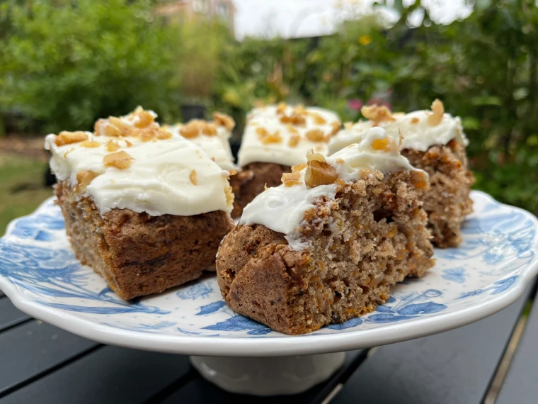 gluten free carrot cake traybake on plate