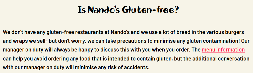 nandos gluten free official statement