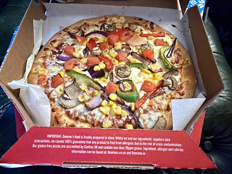 domino's gluten free pizza in box with lid open