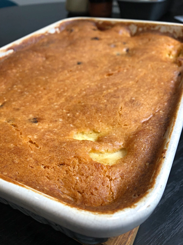 gluten-free eve's pudding in tray