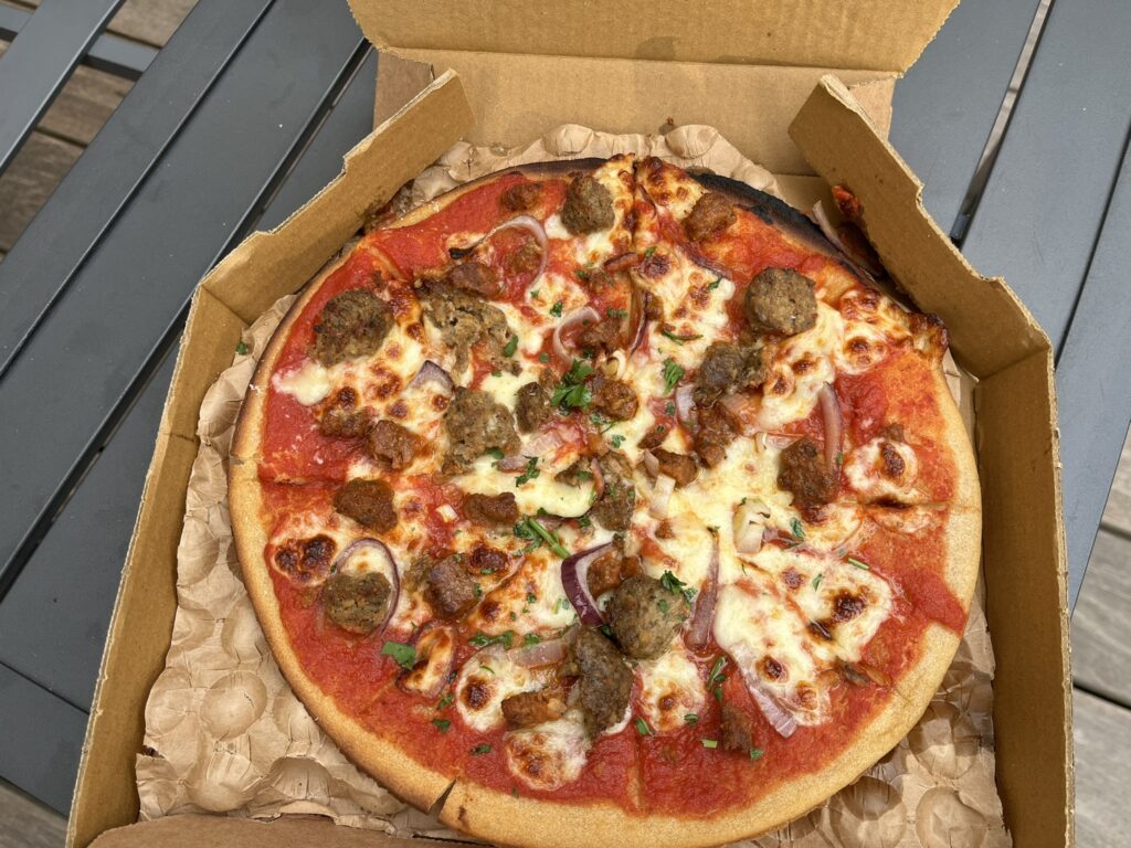 meatball special gluten-free pizza in box