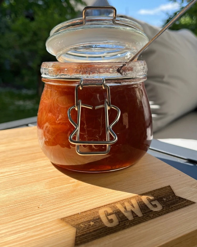 gluten-free rhubarb and ginger jam in pot