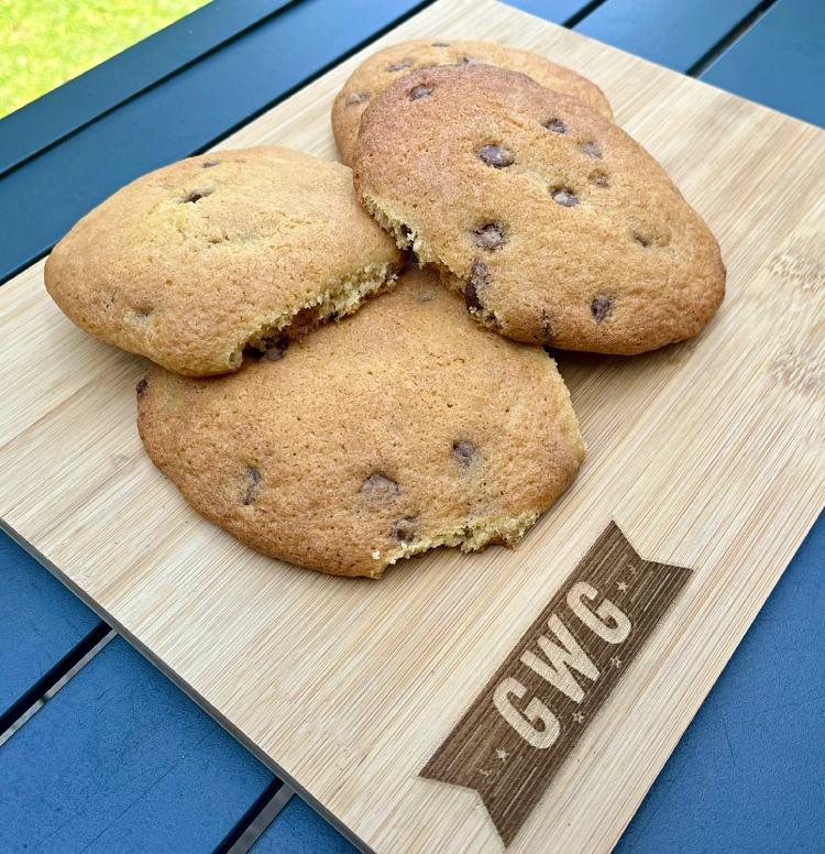 gluten-free chocolate chip cookies on chopping board