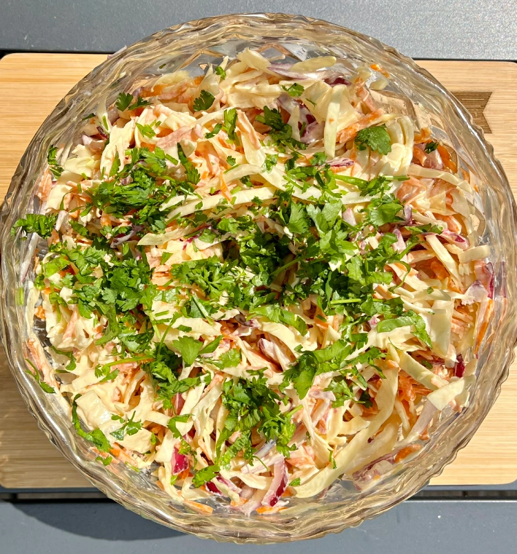 gluten-free coleslaw recipe in glass bowl for 4th of july
